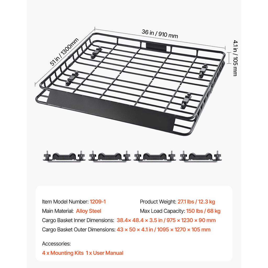 SucceBuy Roof Rack Basket 64x39x4.1" Universal Rooftop Cargo Carrier Anti-Rust Alloy Steel Car Top Luggage Holder for SUV Truck