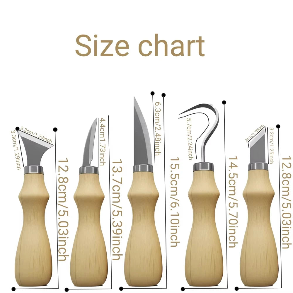 5pc Wood Carving Tools Set Oak Handle Curved Knife For Arts Crafts Tools For Hand Carving Wood Sharp Portable Natural Wood Color