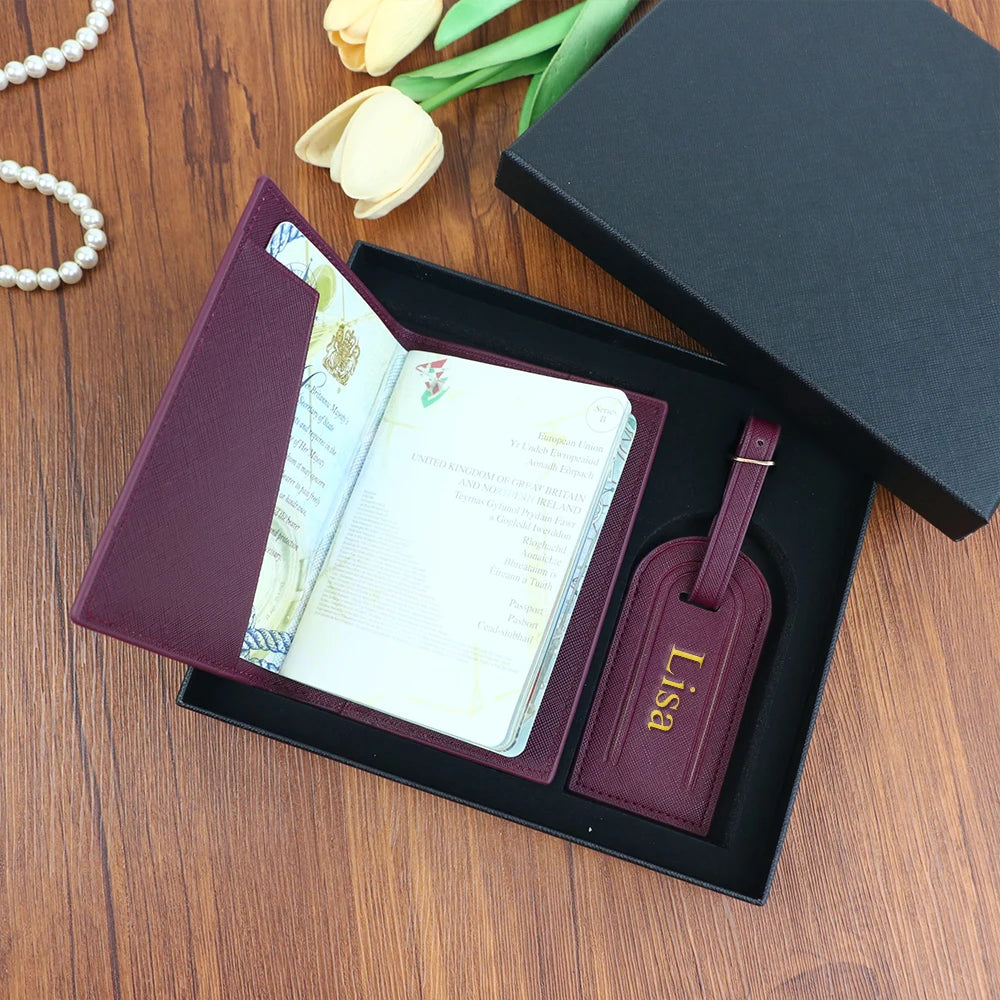 Customized name set, unisex Safiano PU leather passport holder and luggage tag gift box