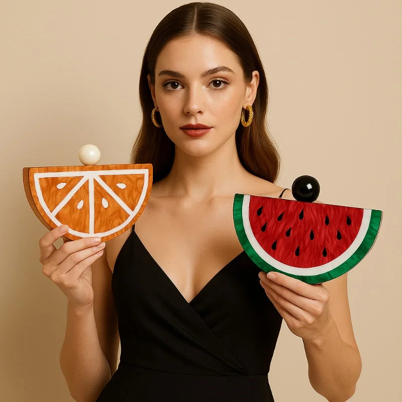 Women Acrylic Fruit Pattern Evening Clutch Bag Stylish Fan-shaped Chain Shoulder Crossbody Bag Watermelon Red Party Clutch Purse