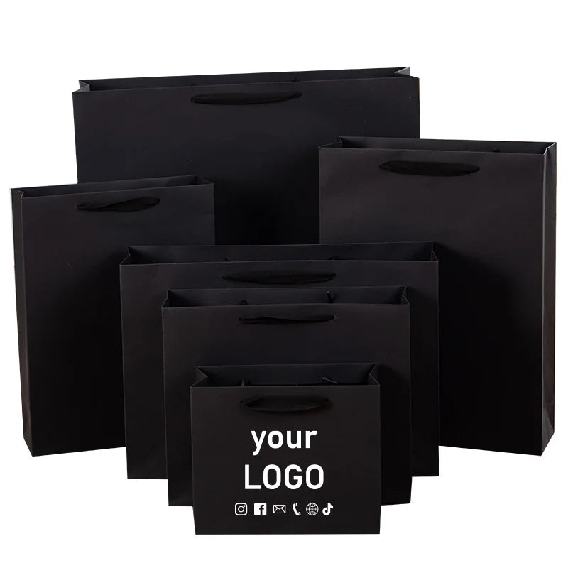 10pcs Black Vertical Paper Gift Bags Suitable for Party Gifts, Perfect for Wedding Guests, Supports Custom Logo