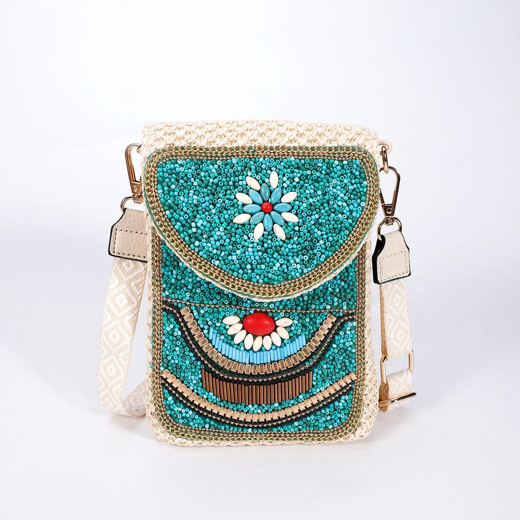 Advanced straw woven crossbody bag, new fashionable rice bead bag, European and American woven women's shoulder phone bag