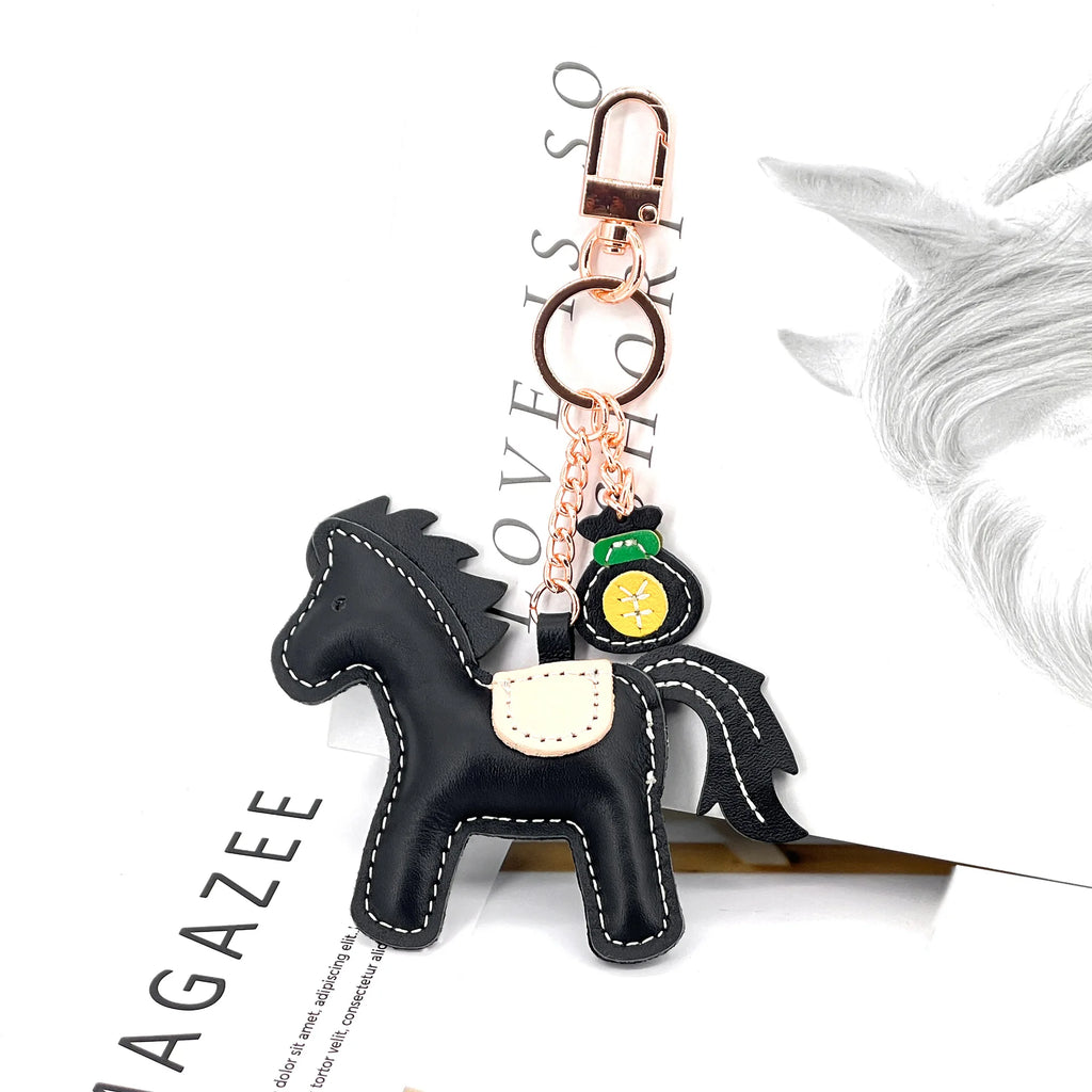 New Trendy Cow Leather Pony  Key Ring Handbag Pendant Cute Horse Keychain Luggage Bag Parts Accessories