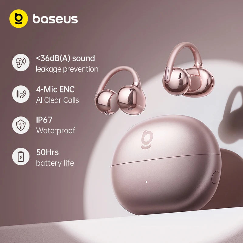 Baseus Bowie MC2 S Open Ear Wireless Earphones Bluetooth 6.0 Comfort Clip On Sports  Earbuds 4-Mic AI Clear Calls 50Hrs Playtime