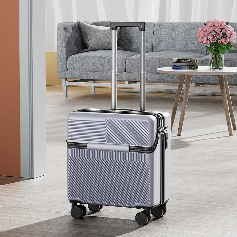 18 inch Front Opening Travel Suitcase Trolley Luggage Password Case Cabin Boarding Suitcase With USB Charging Port Cup Holder