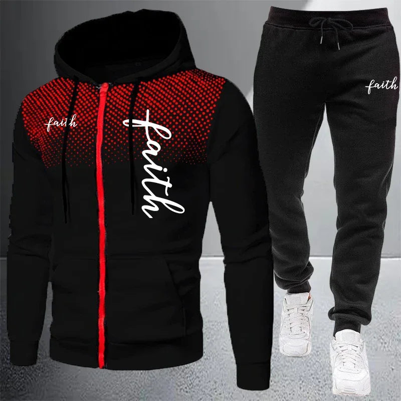 Autumn Winter Men's Jacket Tracksuit Printed Casual Zip Hooded Sweatshirt Coat Outdoors Sports Jogging Clothes Single Tops Pants