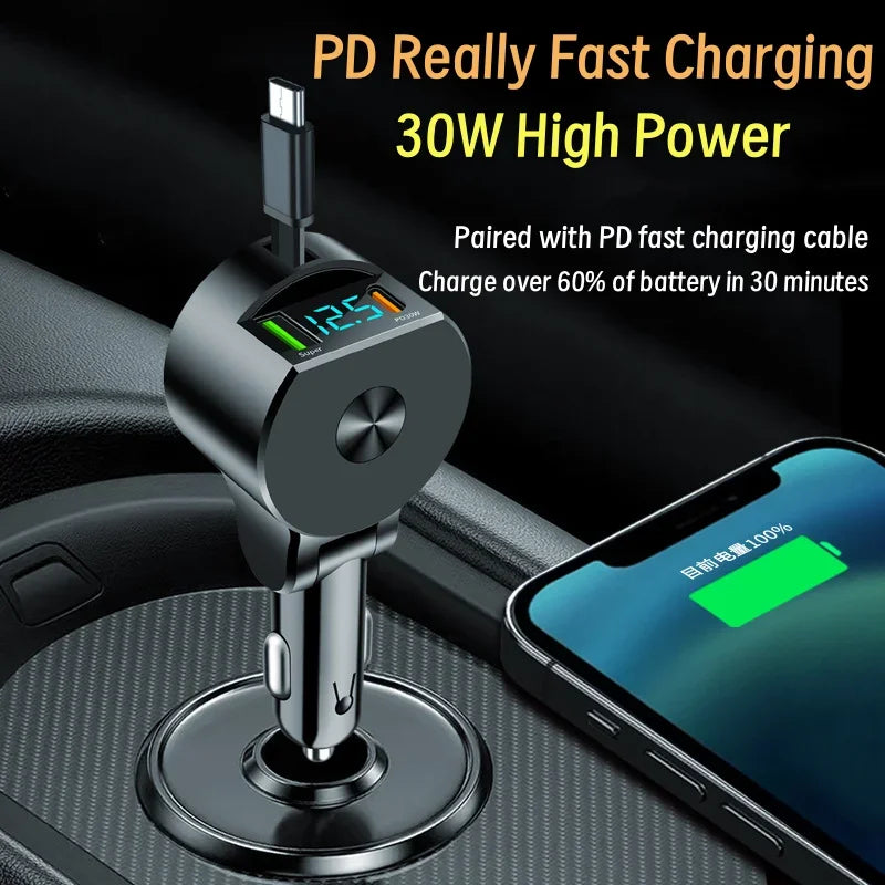 Upgraded Retractable Car Charger 3 in 1, 69W Fast Charging PD30W+2.4A Voltage Display Dual Cables for iPhone & Android