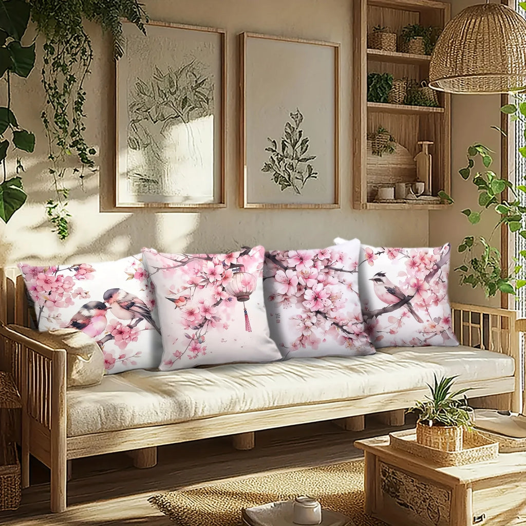 4-Piece Pillowcase Set, Square Cushion Covers with a Pink Cherry Blossom and Lantern Pattern on a White S Insert Not Included