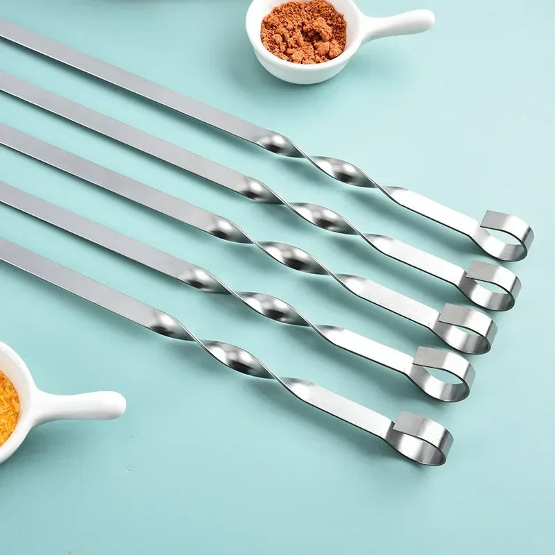 6Pcs Wide Flat Stainless Steel BBQ Skewer Barbecue Sticks Fork Outdoor Camping Picnic Kitchen BBQ Utensil Accessories Supply