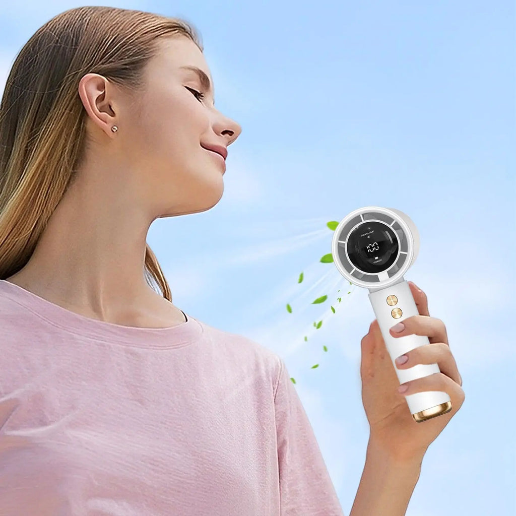 Mini Handheld Turbo Fan 2026 USB Rechargeable Portable Air Cooler LED Display Adjustable Quiet Travel Fan