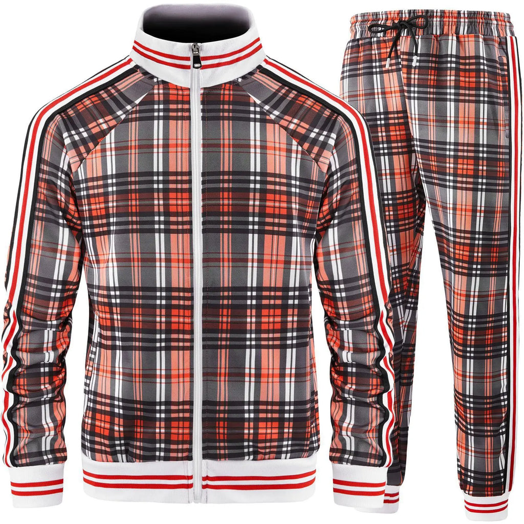 New Spring Autumn Plaid Printed Mens Zipper Jacket Sports Wear Sweatshirt Casual Outdoor Sports Checks Tracksuit Coat+Pant Set