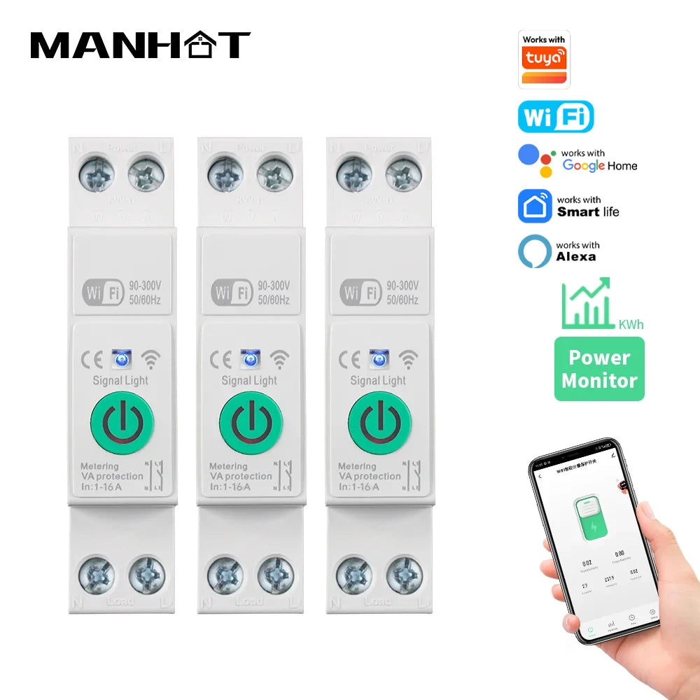 Manhot WiFi Smart Circuit Breaker MCB 1P+N 16A Switch Energy Meter Kwh Metering Monitoring Circuit Breaker Alexa Work With Tuya