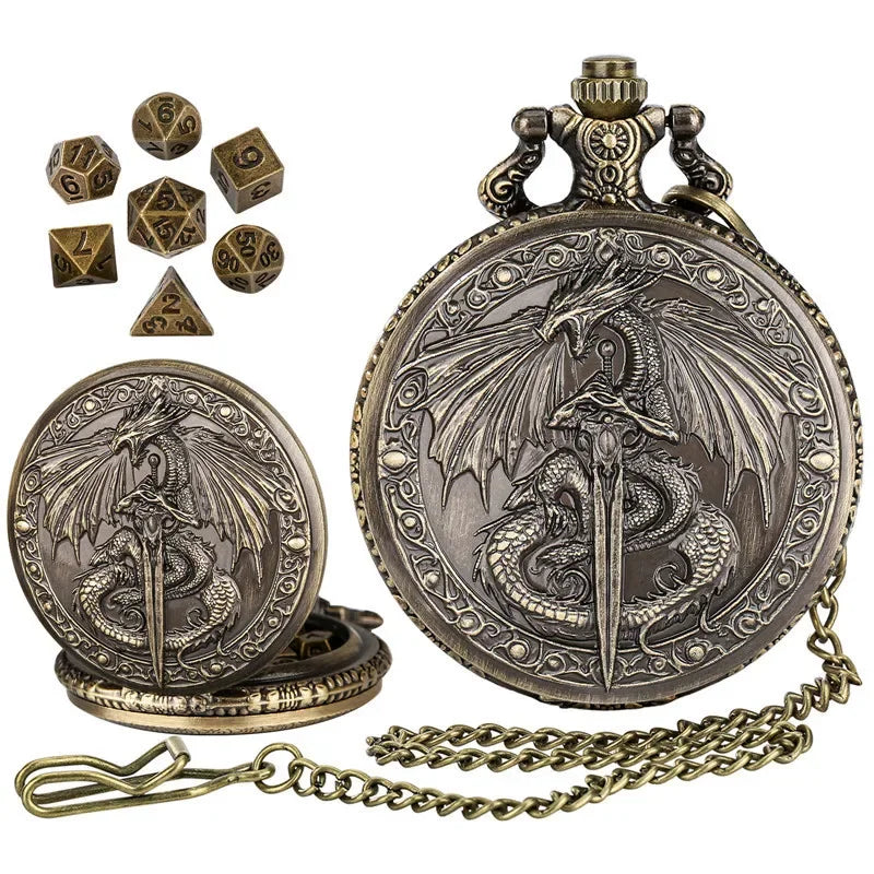 Flying Dragon Pocket Watch Case Pendant Chain 7-Piece Set Micro DND Metal Polyhedral Dice