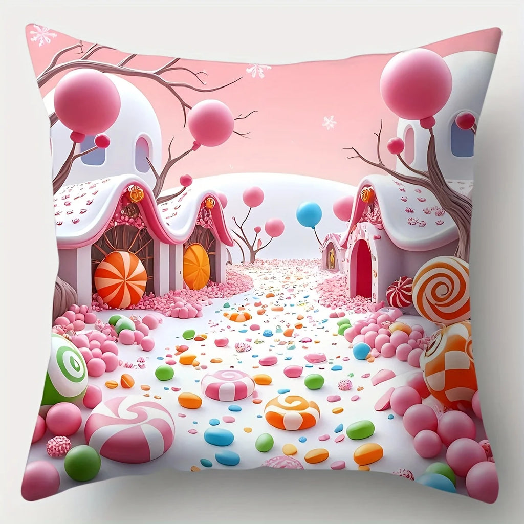4-piece Candy House themed decorative pillowcase set, featuring gingerbread house and cute deer patterns, with zipper closure