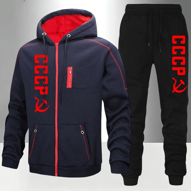 Men's Set/Coat/Pants CCCP Fashion Tracksuit Zipper Hooded Coat & Sweatpants Fall Winter Daily Casual Sports Jogger Sportswear