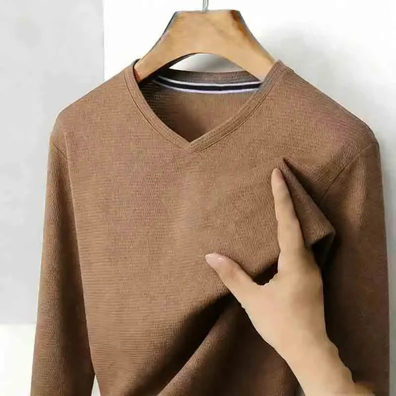 Basic Men's Light Gray V-neck Long Sleeve T-shirt Textured Fabric Casual Top for Everyday Outfits