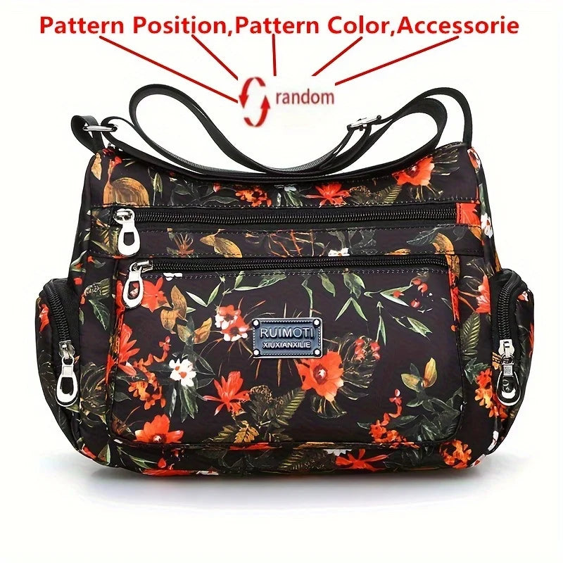 Floral Print Crossbody Bag, Trendy Nylon Shoulder Bag, Women's Multi Layer Messenger Bag For Travel