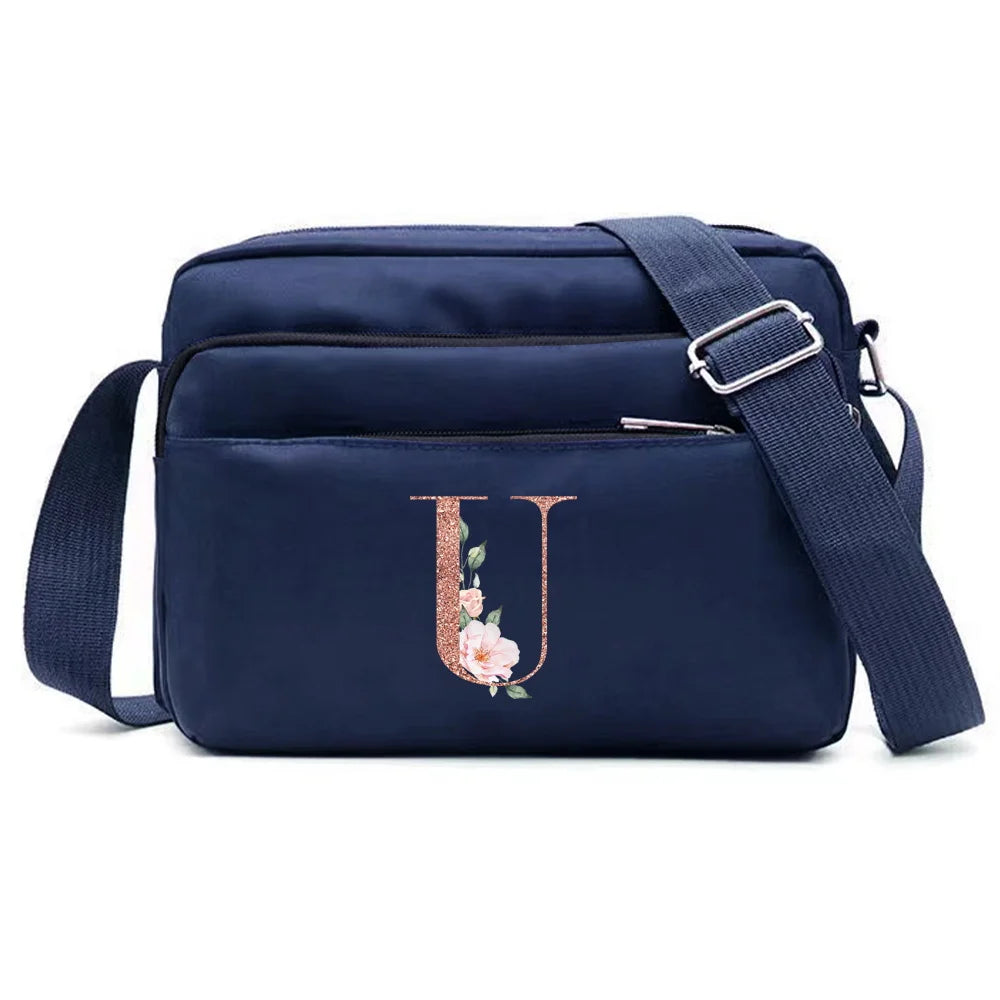 Large Capacity Travel and Commuting Storage Blue Bag Rose Gold Series Print Pattern Multi-layer One Shoulder Crossbody Bag