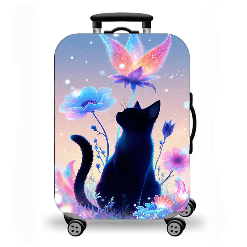 Luggage Cover, Cute Cat Kitten Floral Starry Night Print Stretch Suitcase Protector, Washable Anti-Scratch Travel Baggage Cover
