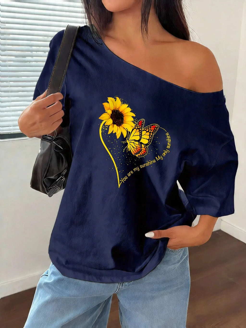 100% Cotton Plus Size Sunflower Butterfly Print Shoulder Loose Print T-Shirt Oversized Y2K Style Graphic Tees Women Tops Summ