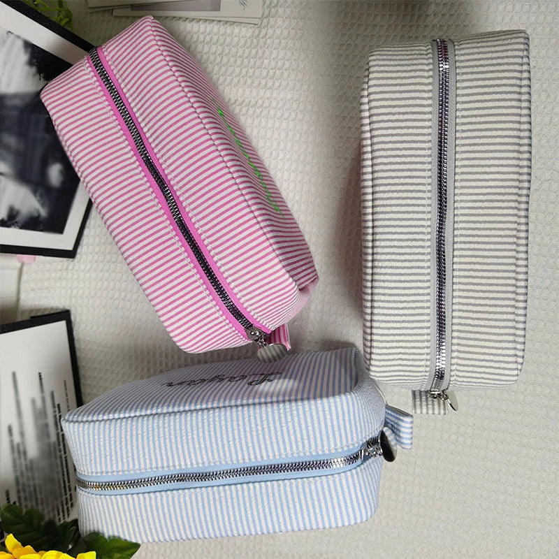 Customised Embroidery/Standard Style 2 Options, High-Look Striped Clutch, Large Capacity Makeup Bag, Back-to-School Season! Gift