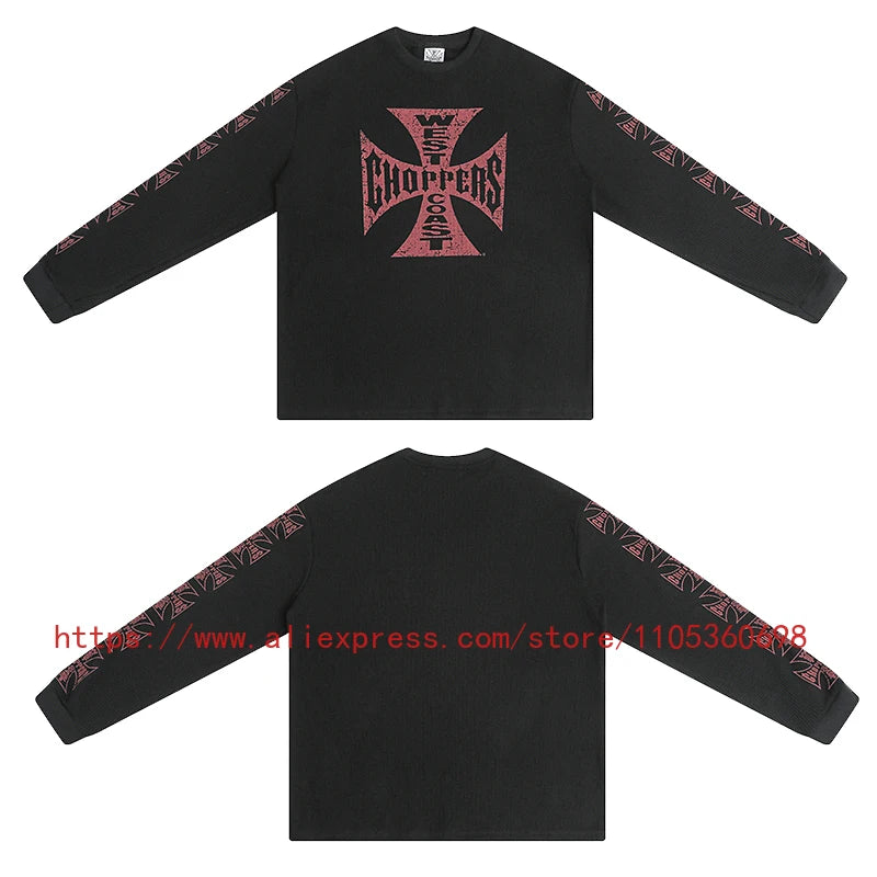Men's Women's Casual Wear Vintage Style Gothic Font West Coast Long Sleeve Heavyweight Waffle Fabric Unisex High Street Top