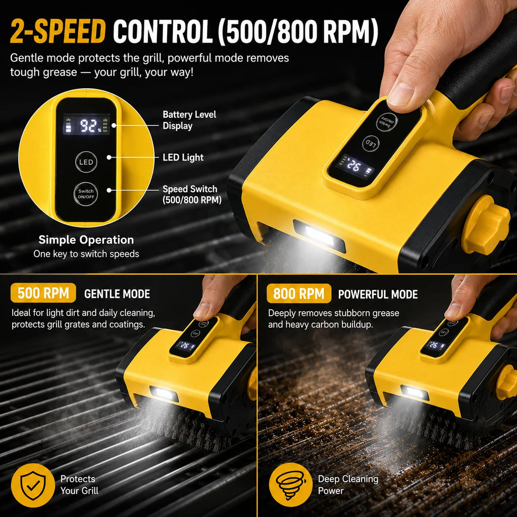 Barbecue Grill Brush 2-Speed Settings 800RPM Electric Grill Brush Grill Cleaner 3000 MAh for Outdoor Griddles Picnic Kitchen BBQ