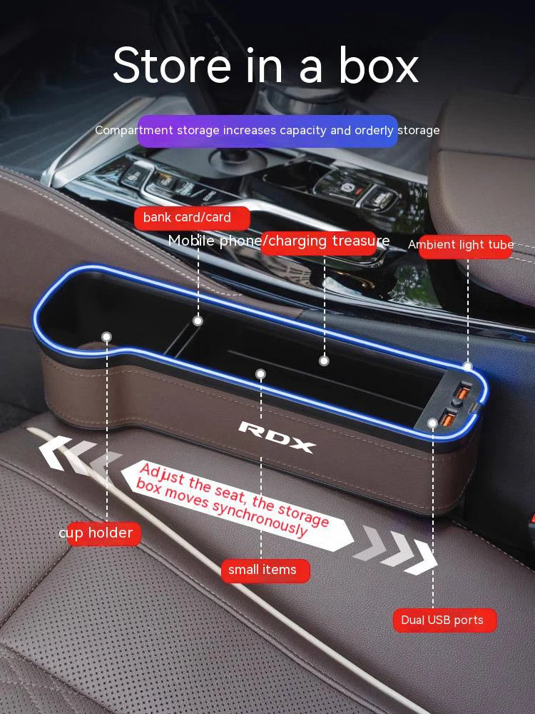 For Acura CDX MDX RDX RLX TSX ILX NSX RL TL ZDX TLX-L Car LED 7 Colors Adjustable Seat Gap Crevice Slot Storage Box Accessories