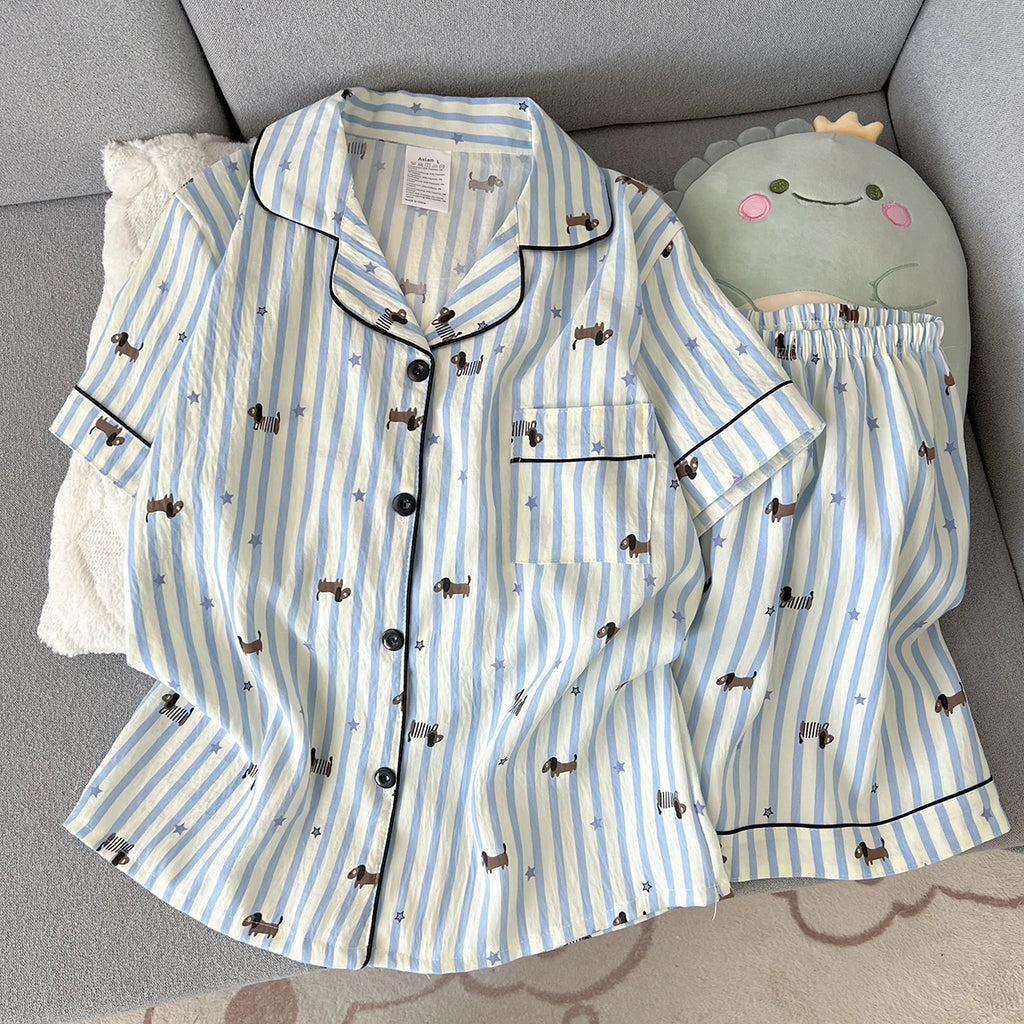 Women's Summer Pajamas, Thin Striped Puppy Pattern Short-Sleeved Shorts, Sweet and Cute, Can Be Worn Outside in Summer, Two-Piece Home Wear Set