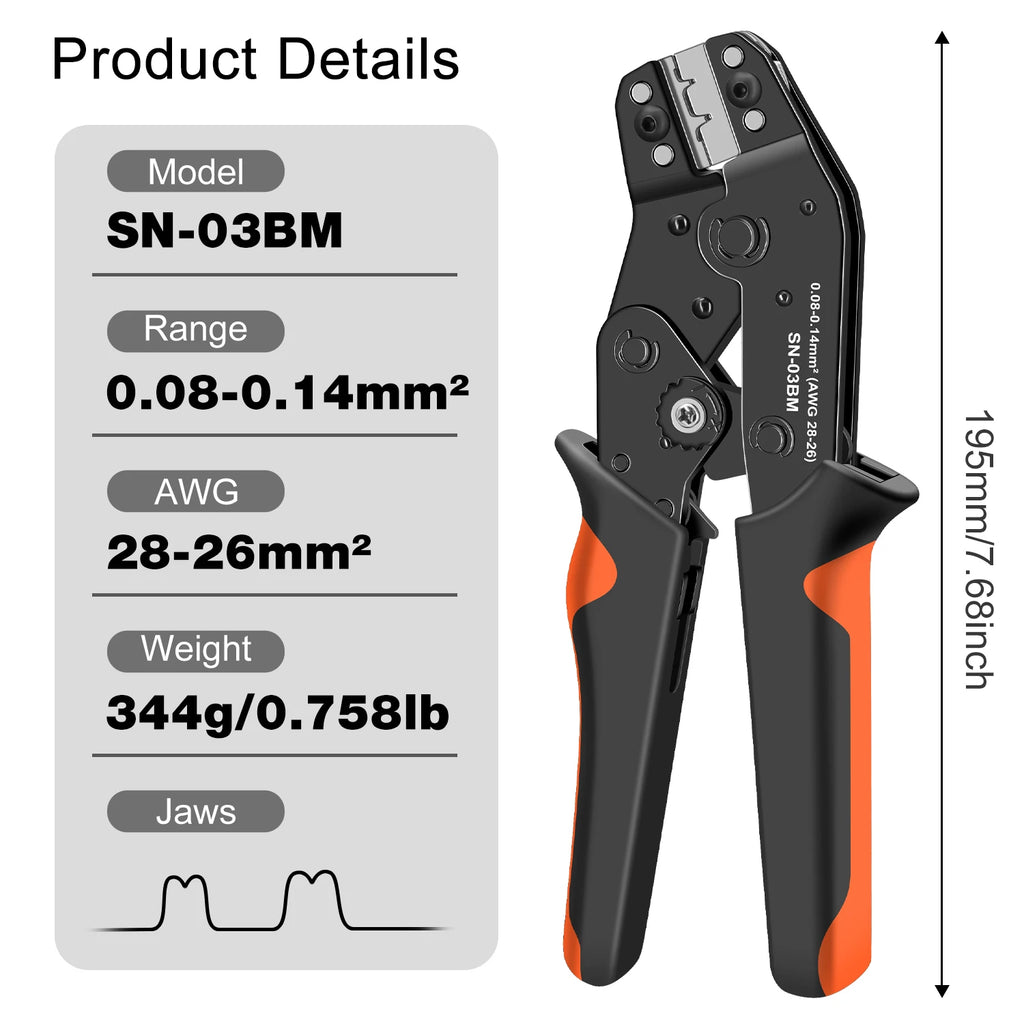 Wire Crimping Plier Micro Pin Connector Crimper for JST XH PH SH Molex KK D-sub Terminals AWG 28-20/28-26 SN-01BM/03BM
