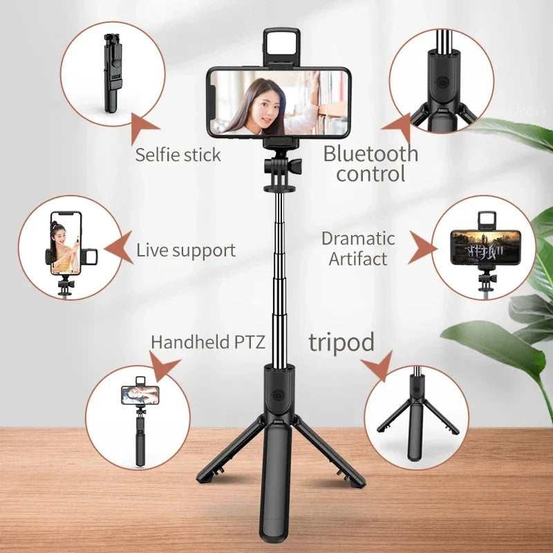 Selfie Stick Wireless Tripod Stand With Light Bluetooth Remote Extendable Portable For IPhone Mobile Phone Live Streaming Travel