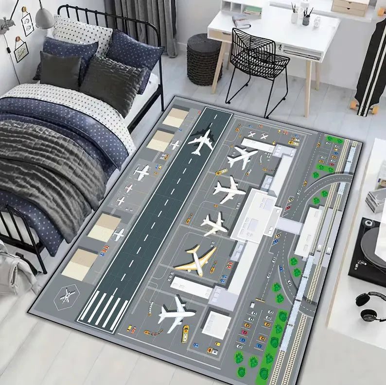 Airport Runway Carpet Mat Rug Aeroplane Theme Home Decoration Non-slip Educational Kids Activity Play Mat with Terminal Design