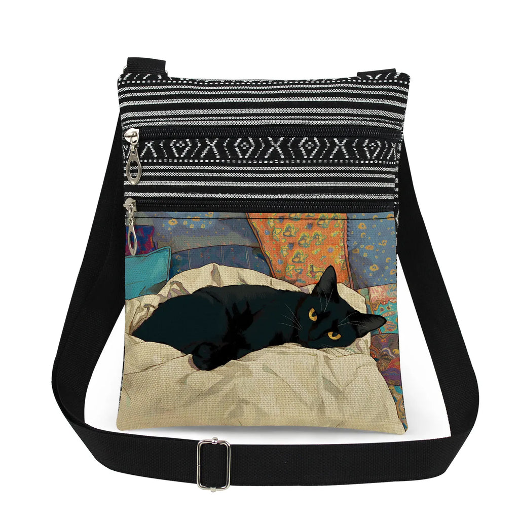 Cute Cartoon Black Cat Print Crossbody Bags Shoulder Bags For Women Daily Travel Portable Small Messenger Bags Catkeeper Gift