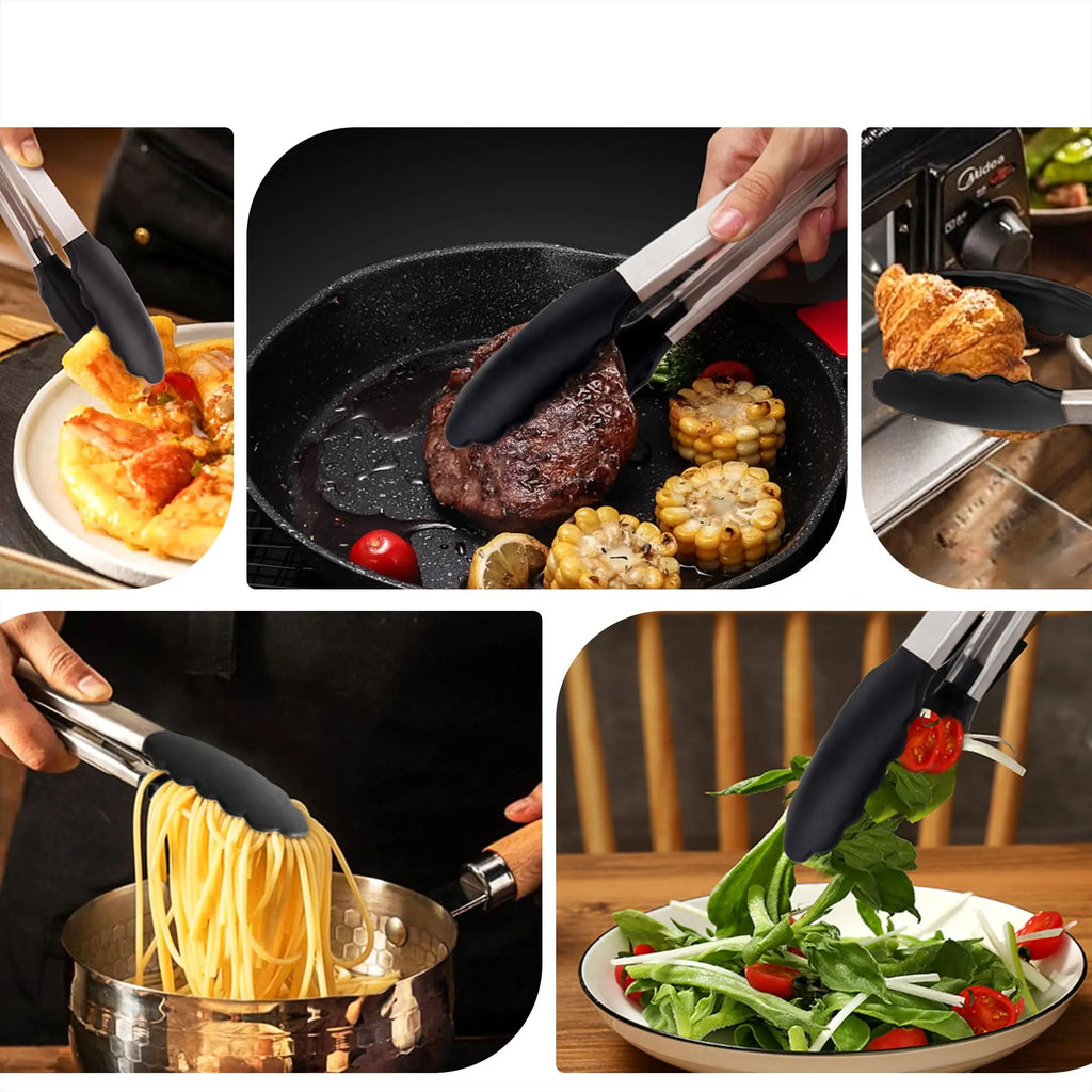 Silicone Food Tongs Heat Resistant Stainless Steel Kitchen Clip Non Slip for Home Kitchen Restaurant BBQ Outdoor Camping Steak