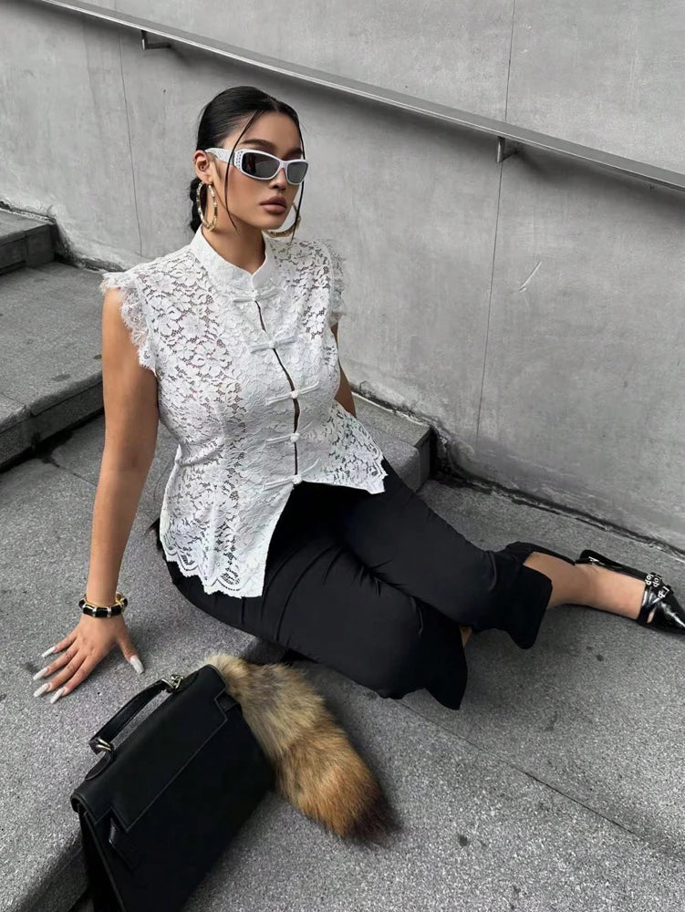 Plus Size Elegant Lace Blouse, Mandarin Collar Frog Button Sleeveless Shirt, Slim Fit Casual Vacation Top for Women