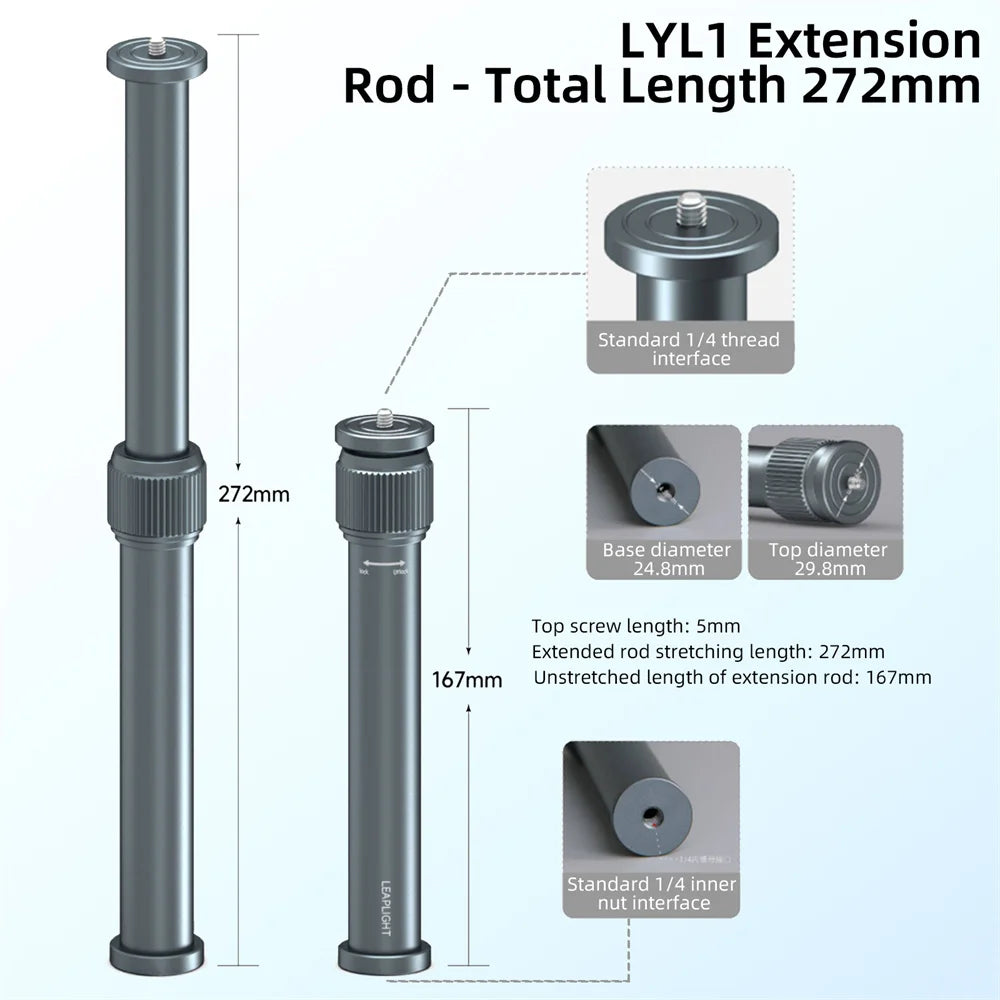 Leaplight All Metal Aluminum Alloy Tripod Stand, Central Axis Extension Rod Stretchable Desktop Selfie Stick