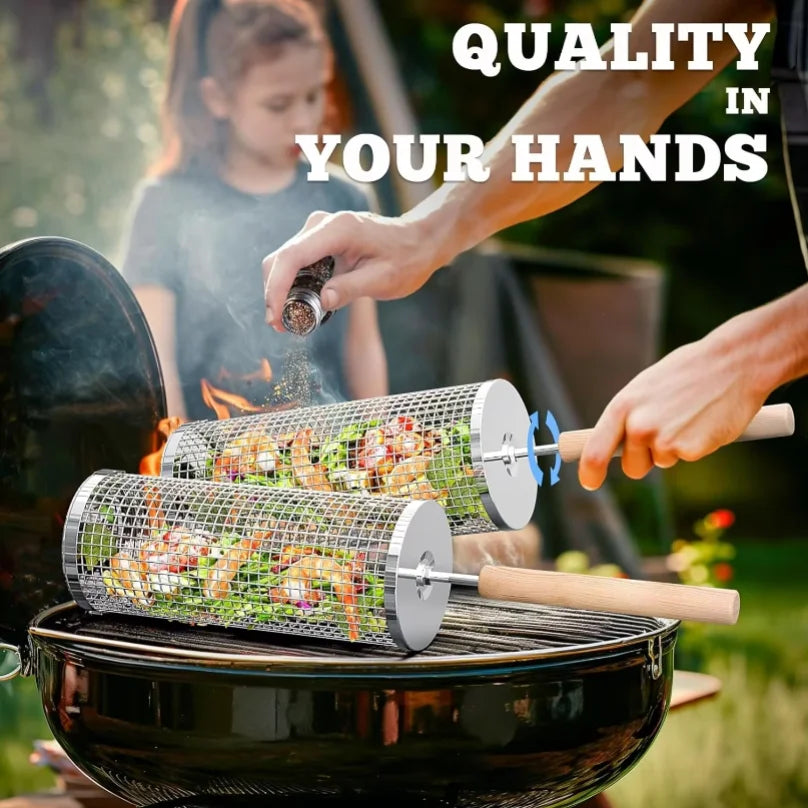 Rolling BBQ Cage with Wooden Handle - Outdoor BBQ Grill Basket | 304 Stainless Steel Grill Cylinder & Grill Net