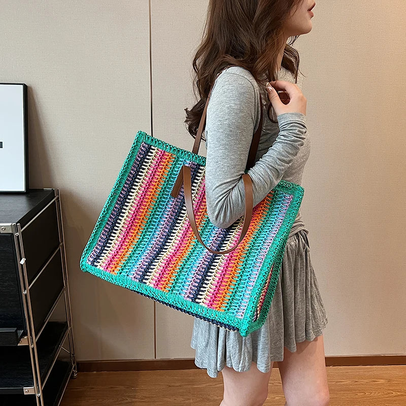 LEFTSIDE Stripe Big Straw Tote Bags for Women 2025 Y2k Fashion Summer Shoulder Bags Handbags and Purses Weave Beach Bag
