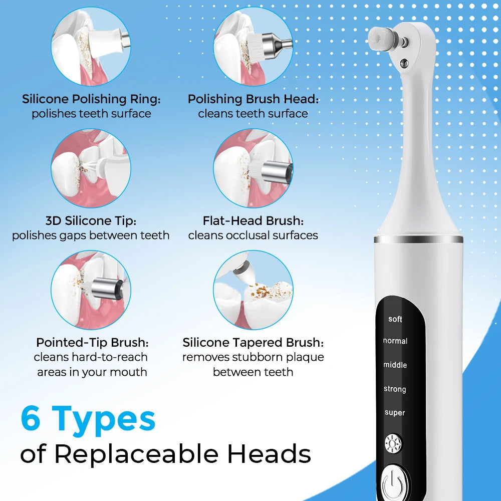 Electric Tooth Polisher Teeth Whitening Cleaner 5 Speed Modes 6 Brush Heads With LED Light Dental Tartar Remover Teeth Clean