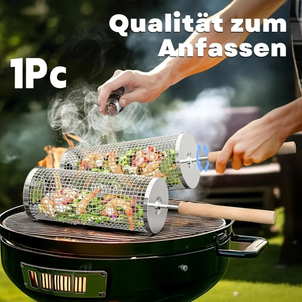 Rolling Grill Basket 304 Stainless Steel with Removable Handle Large Capacity for BBQ Camping Family Gathering Garden 1PC