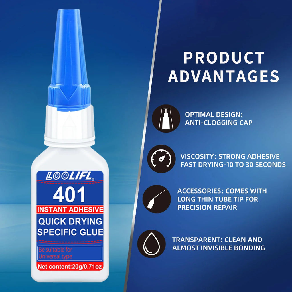 Loolifl 401 Instant Adhesive - Multi-Purpose Strong Super Glue for Metal, Ceramic, Plastic, 20g Quick-Drying Cyanoacrylate Glue