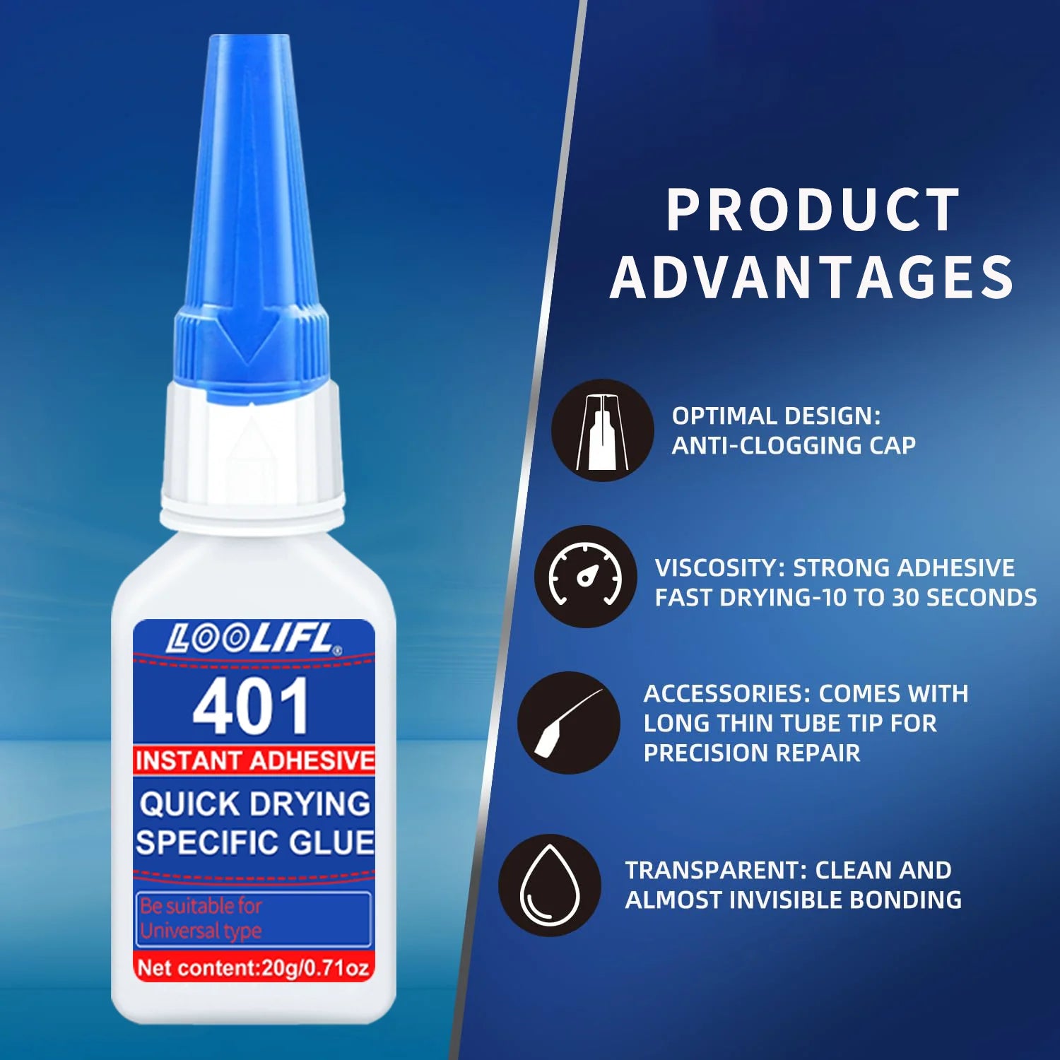 Loolifl 401 Instant Adhesive - Multi-Purpose Strong Super Glue for Metal, Ceramic, Plastic, 20g Quick-Drying Cyanoacrylate Glue
