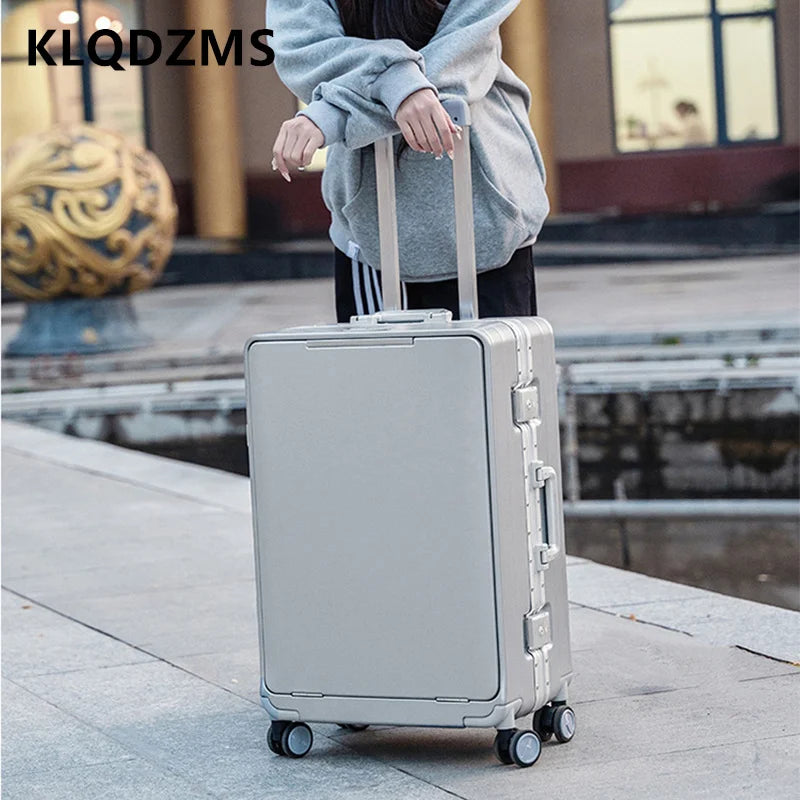KLQDZMS Front Opening Compartment Multifunctional Aluminum Frame Luggage 20/24/26 Inch  Large Capacity Password Travel Suitcase