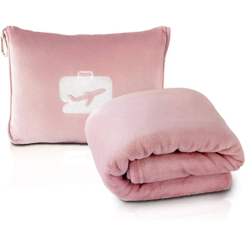 2-in-1 Travel Blanket and Pillow with Bag and Backpack Clip, Light Pink