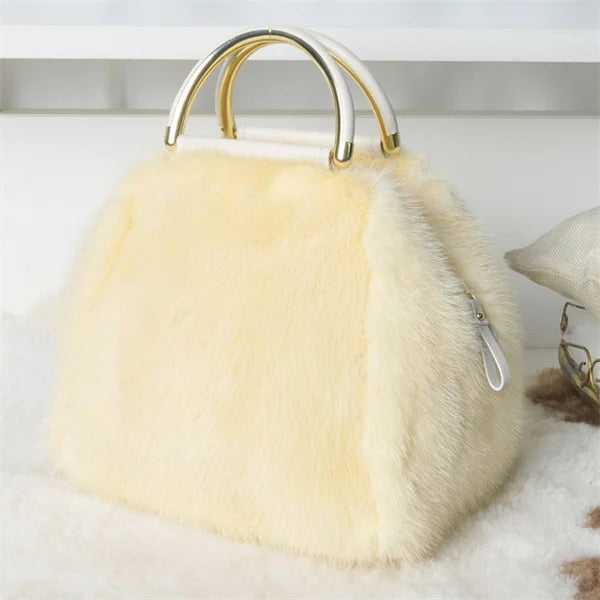 Women's Mink Fur Handbag 2026 New Fashion Designer Fluffy Fur Wrist Bag Large Capacity Soft Shopping Bag Girl Cute Handbag