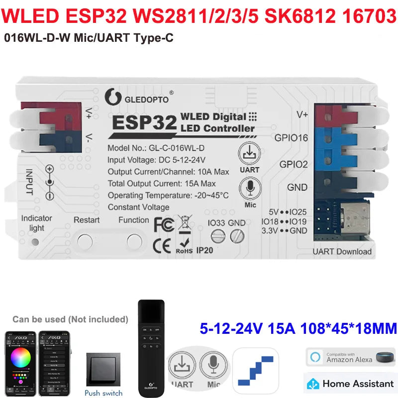 5GLEDOPTO ESP32 PWM WLED Dynamic LED Controller 5 in 1 DC12-24V WIFI App Control for RGBCCT RGBW RGB CCT DM WS2811/2B/3/5 Strip