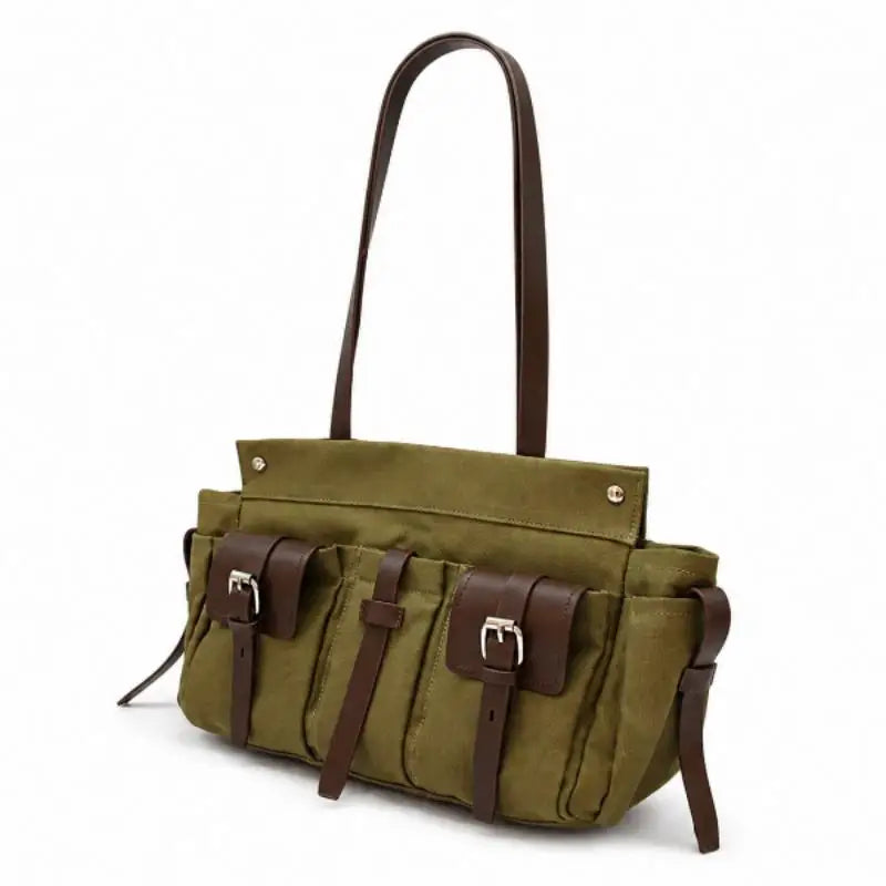 Luxury Canvas Leather Multi-Pocket Tote Bag,Women Zipper Closure Vintage Shoulder Bag,Motorcycle Biker Style Handbag,Lightweight