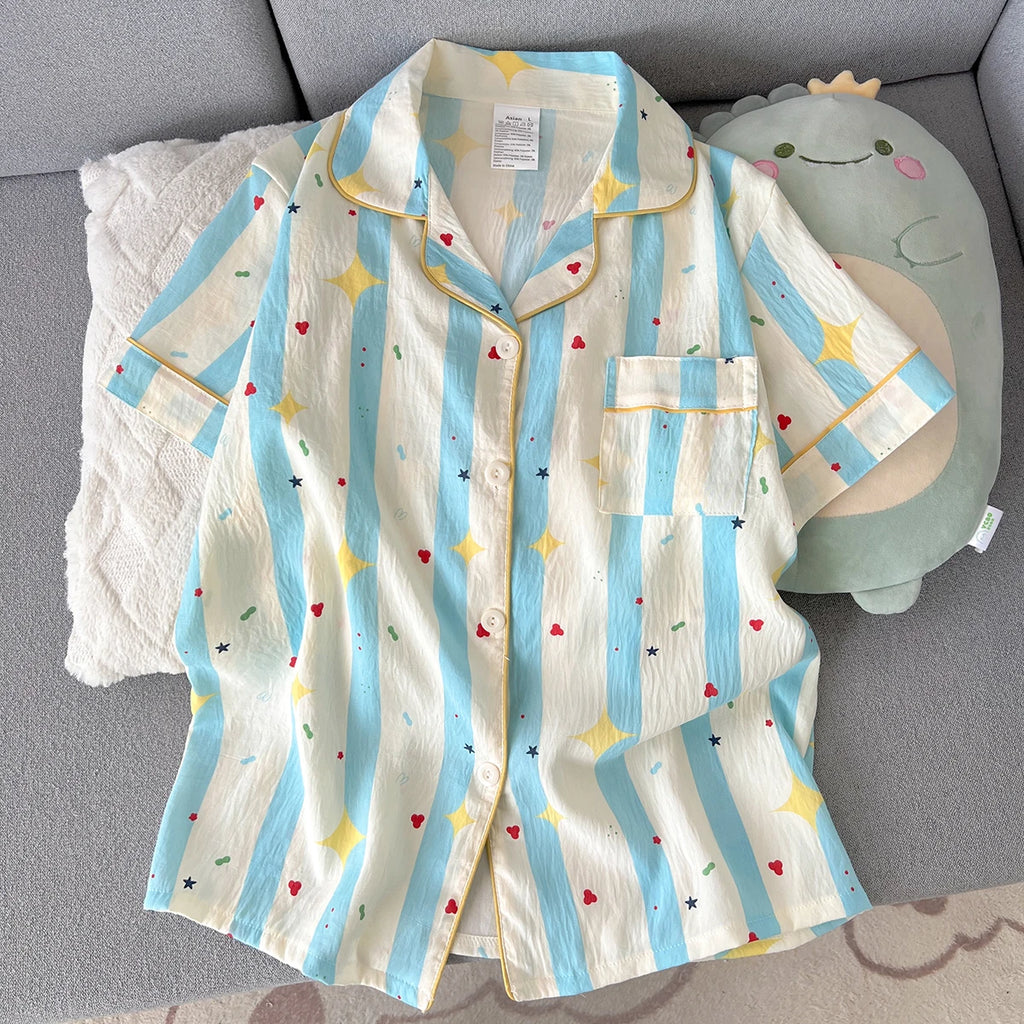 Women's Summer Pajamas, Thin Striped Pattern Short-Sleeved Shorts, Sweet and Cute, Can Be Worn Outside in Summer, Two-Piece Home Wear Set