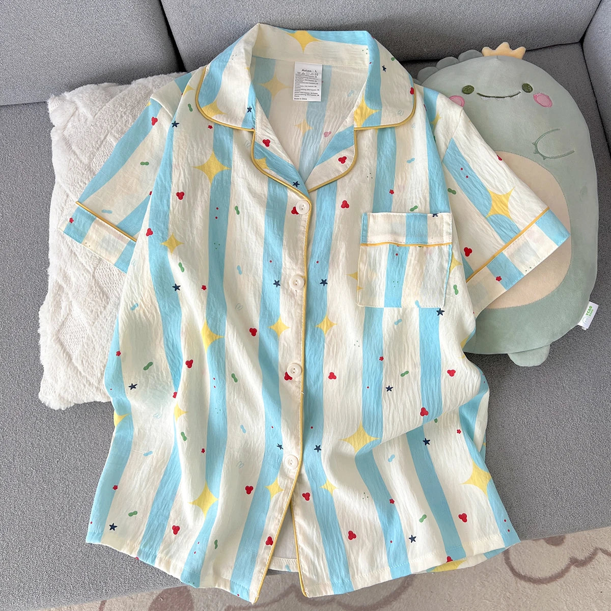 Women's Summer Pajamas, Thin Striped Pattern Short-Sleeved Shorts, Sweet and Cute, Can Be Worn Outside in Summer, Two-Piece Home Wear Set