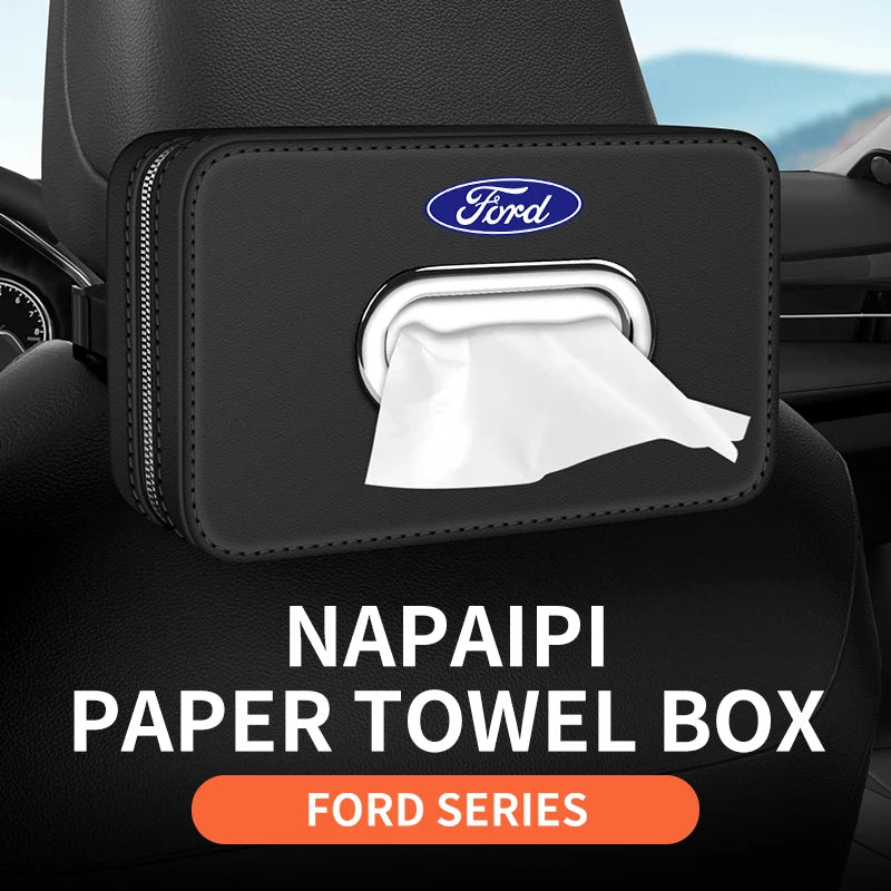 For Ford Mondeo Focus Explorer Escape Kuga Everest Bronco F-150 Ranger Transit Car-Mounted Leather Tissue Paper Storage Box